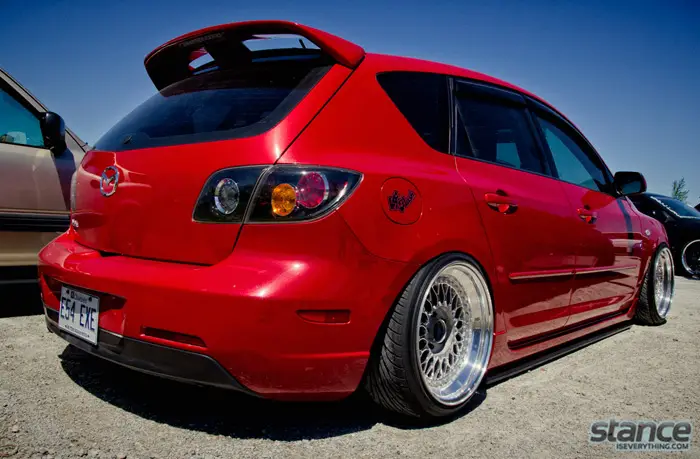 2013_stretch_and_poke_fitted_hard_sparkers_mazda_3_bbs_rear_three_quarter